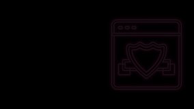 Glowing neon line Browser with shield icon isolated on black background. Security, safety, protection, privacy concept. 4K Video motion graphic animation.