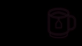 Glowing neon line Cup of tea with tea bag icon isolated on black background. 4K Video motion graphic animation.
