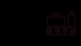 Glowing neon line Airport conveyor belt with passenger luggage, suitcase, bag, baggage icon isolated on black background. 4K Video motion graphic animation.