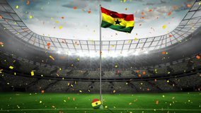 Animation of colourful confetti falling over flag of ghana on the pitch at a sports stadium. sport, competition, global network and celebration concept, digitally generated video.