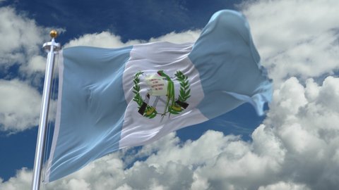 4k looping flag of Guatemala with flagpole waving in wind,timelapse rolling clouds background.A fully digital rendering. 
