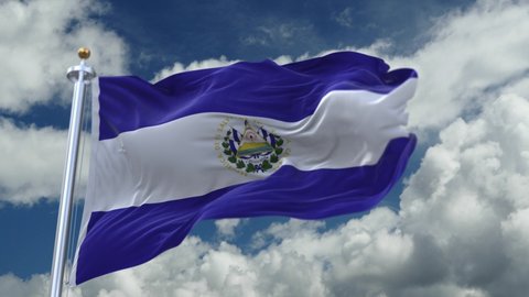 4k looping flag of El Salvador with flagpole waving in wind,timelapse rolling clouds background.A fully digital rendering. 