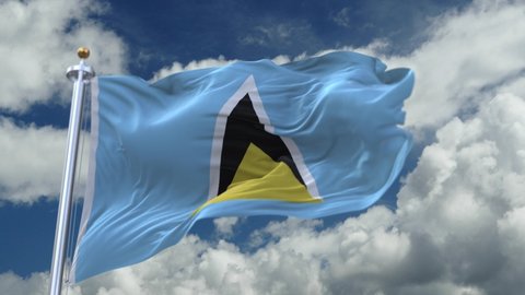 4k looping flag of St. Lucia_Saint Lucia with flagpole waving in wind,timelapse rolling clouds background.A fully digital rendering.