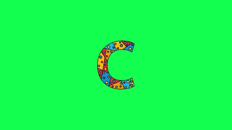Letter C. Animated unique font made of circles and triangles, polygons. Bauhaus geometric mosaic style. Bright colors. Letter C for icons, logos, interface elements. Green chromakey background, 4K
