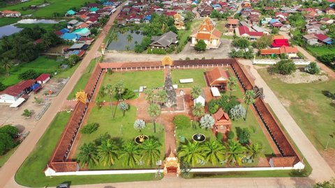 Aerial view in Savannakhet province, That Ing Hang - famous temple of Laos.