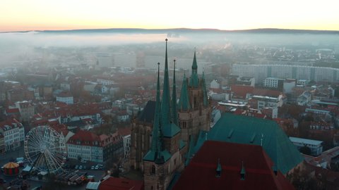 Aerial Panning Beautiful Shot Of St. Severus Church In Old Town During Winter - Erfurt, Germany