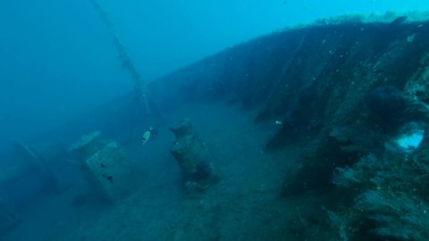 Shipwreck Swedish ferry MS Zenobia. Wreck diving, Slow motion. Mediterranean sea, Cyprus