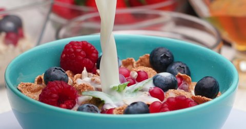 Close-up view on Pouring Milk into Muesli, Breakfast Cereals Bowl with Berries. Morning Eating with Healthy Flakes with Raspberries, Blueberries, and Red Currants in a Blue Plate. Healthy Food. Diet.