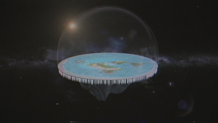 VHS flat Earth in cosmos. Vintage overview of flat Earth slowly rotating in space. Retro flat Earth animation model with Antarctica as an ice wall surrounding a disc-shaped planet. Old school style. Royalty-Free Stock Footage #1077869912