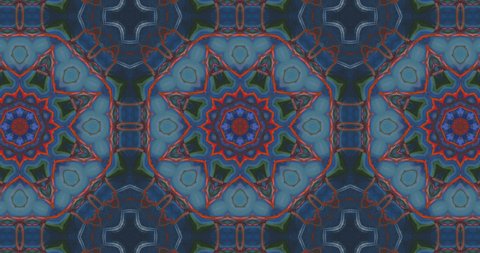 Abstract Kaleidoscope ornament. Computerized motion graphics of multicolor shapes and patterns emitting from the center. Seamless loops, fractal animation, kaleidoscope