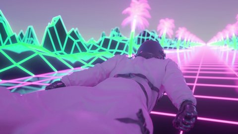 Astronaut surrounded by flashing neon lights. Music and nightclub concept. Retrowave style