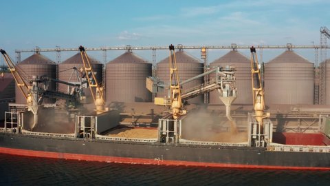 Drone video - loading grain into holds of sea cargo vessel through an automatic line in seaport from silos of grain storage. Bunkering of dry cargo ship with grain