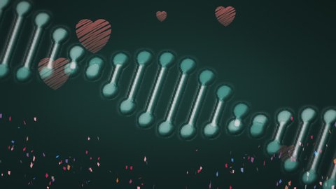 Digital animation of confetti falling over spinning dna structure against red heart icons falling. medical research and science technology concept