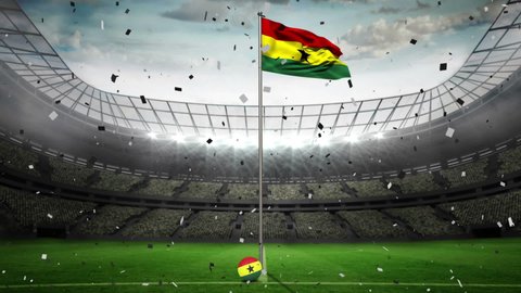 Confetti falling over waving ghana flag against sports stadium in background. sports competition and tournament concept