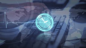 Neon digital clock ticking over world map against mid section of person typing on keyboard. global networking and technology concept - Powered by Shutterstock - Get 15% off with code: PIKWIZARD15