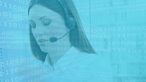 Binary coding data processing over caucasian female customer care executive talking on phone headset. cyber security and business technology concept - Powered by Shutterstock - Get 15% off with code: PIKWIZARD15