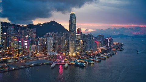 Jun 2021 : Hong Kong ,China ,Asia :Drone Hyperlapse of Hong Kong International Financial Centre 