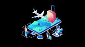 Travel Vacation Transportation Isometric Concept on Transparent Background. HD Looped Video Motion Graphic Animation.