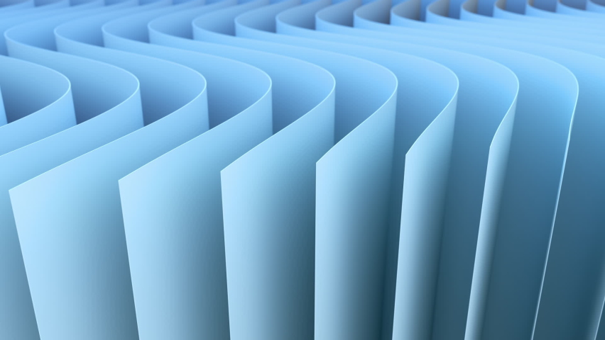 Animated background with light blue color 3d stripes moving smooth for curve synchronous. Bended pages bends along curvature spline and gives the flying effect. Abstract loopable 3d animation. Royalty-Free Stock Footage #1077889346