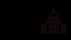 Glowing neon line White House icon isolated on black background. Washington DC. 4K Video motion graphic animation.