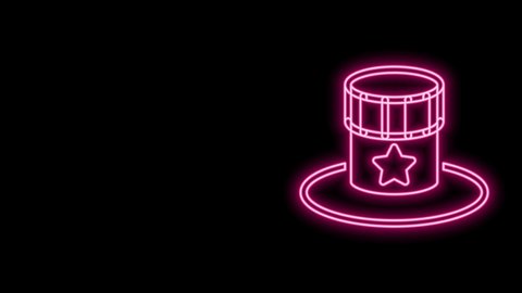Glowing neon line Patriotic American top hat icon isolated on black background. Uncle Sam hat. American hat independence day. 4K Video motion graphic animation.