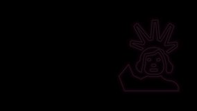 Glowing neon line Statue of Liberty icon isolated on black background. New York, USA. 4K Video motion graphic animation.