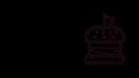 Glowing neon line Burger icon isolated on black background. Hamburger icon. Cheeseburger sandwich sign. Fast food menu. 4K Video motion graphic animation.