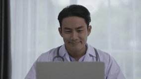 Asian man doctor  video call in online consultation with patients. Service Medical consult. meeting webinar. physician team meeting. tele health and telemedicine concept. communication technology