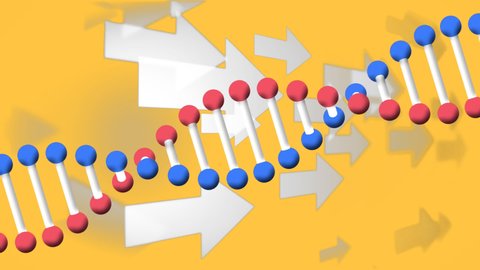 Digital animation of dna structure spinning over multiple arrow icons on yellow background. medical research and science technology concept