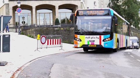 Luxembourg Luxembourg - 10 May 2018: Slow motion traffic in the city center, Popular passenger bus 