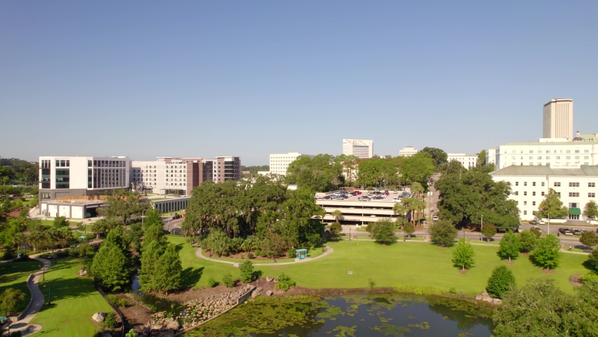 5k aerial panorama video. Downtown Tallahassee Florida Cascades Park and Downtown
