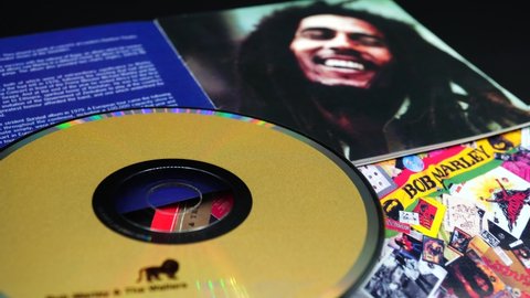 Rome, August 20th 2021: covers and CD by reggae legend BOB MARLEY. He helped develop and spread reggae music around the world, outside of Jamaica