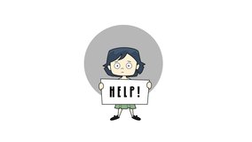 Animated 2d video of worried woman holding a sign asking for help