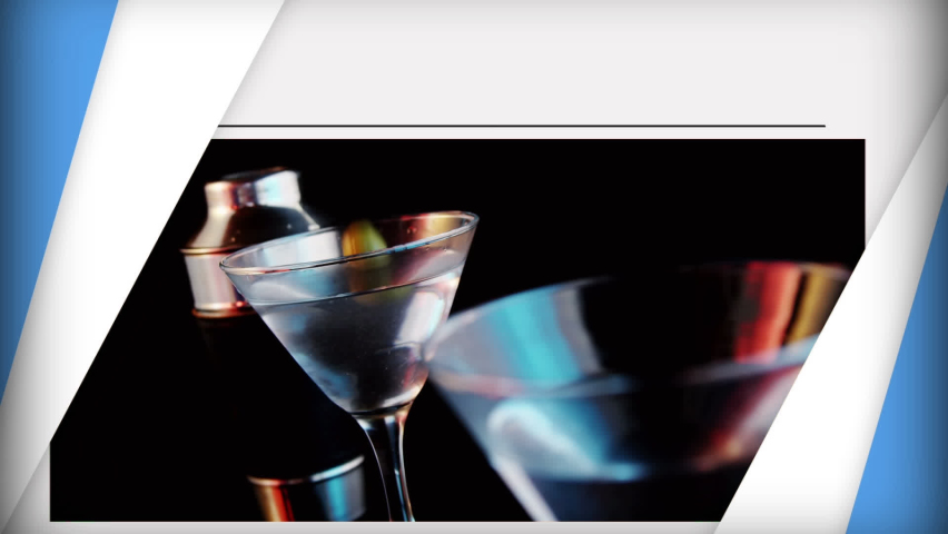 Abstarct blue shapes over olives falling into cocktail glasses against black background. nightlife and bar party concept