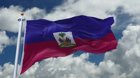 4k looping flag of Haiti with flagpole waving in wind,timelapse rolling clouds background.A fully digital rendering. 