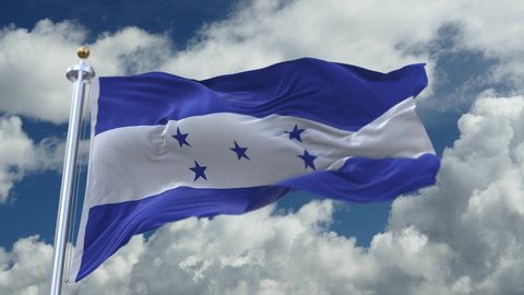 4k looping flag of Honduras with flagpole waving in wind,timelapse rolling clouds background.A fully digital rendering. 