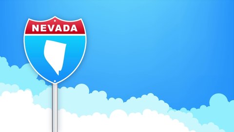 Nevada map on road sign. Welcome to State of Louisiana. Motion graphics.