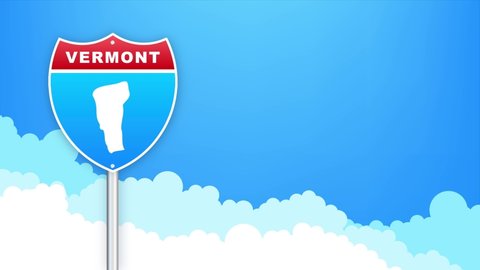 Vermont map on road sign. Welcome to State of Louisiana. Motion graphics.