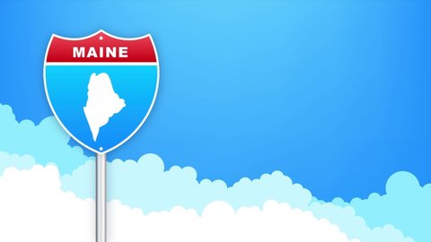 Maine map on road sign. Welcome to State of Louisiana. Motion graphics.