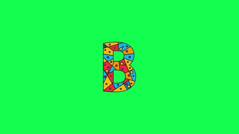 Letter B. Animated unique font made of circles and triangles, polygons. Bauhaus geometric mosaic style. Bright colors. Letter B for icons, logos, interface elements. Green chromakey background, 4K