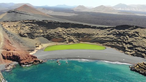 Lanzarote Island. Aerial view of Volcanic Lake and beach in El Golfo, Lanzarote, Canary Islands, Spain