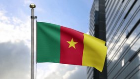 3D, Cameroonian flag waving on wind with modern skyscraper city. Close up of Cameroon banner blowing, soft and smooth silk. Cloth fabric texture ensign background.-Dan - Powered by Shutterstock - Get 15% off with code: PIKWIZARD15