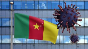 3D, Cameroonian flag waving with modern skyscraper city and coronavirus outbreak infecting as dangerous flu. Influenza type Covid 19 virus with national Cameroon banner blowing at background.-Dan - Powered by Shutterstock - Get 15% off with code: PIKWIZARD15