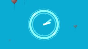 Neon ticking digital clock against multiple heart shaped balloons falling on blue background. social media networking and technology concept - Powered by Shutterstock - Get 15% off with code: PIKWIZARD15