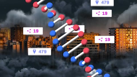 Dna structure over social media icons on multiple speech bubbles over dark clouds against cityscape. social media networking and technology concept
