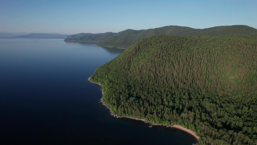 Lake Baikal is a rift lake located in southern Siberia, Russia Baikal lake summer landscape view . Summertime imagery. Drone