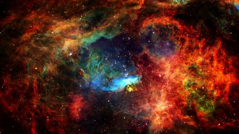 Space Flight deep space exploration travel to the Lobster Nebula massive emission nebula and star-forming region. 4K 3D science background space explore to Lobster Nebula. Furnished by NASA images.