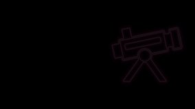 Glowing neon line Telescope icon isolated on black background. Scientific tool. Education and astronomy element, spyglass and study stars. 4K Video motion graphic animation.