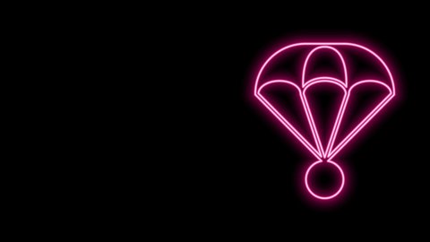 Glowing neon line Parachute icon isolated on black background. Extreme sport. Sport equipment. 4K Video motion graphic animation.