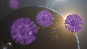 Multiple purple covid-19 cells floating over spinning globe against blue background. coronavirus covid-19 pandemic concept - Powered by Shutterstock - Get 15% off with code: PIKWIZARD15